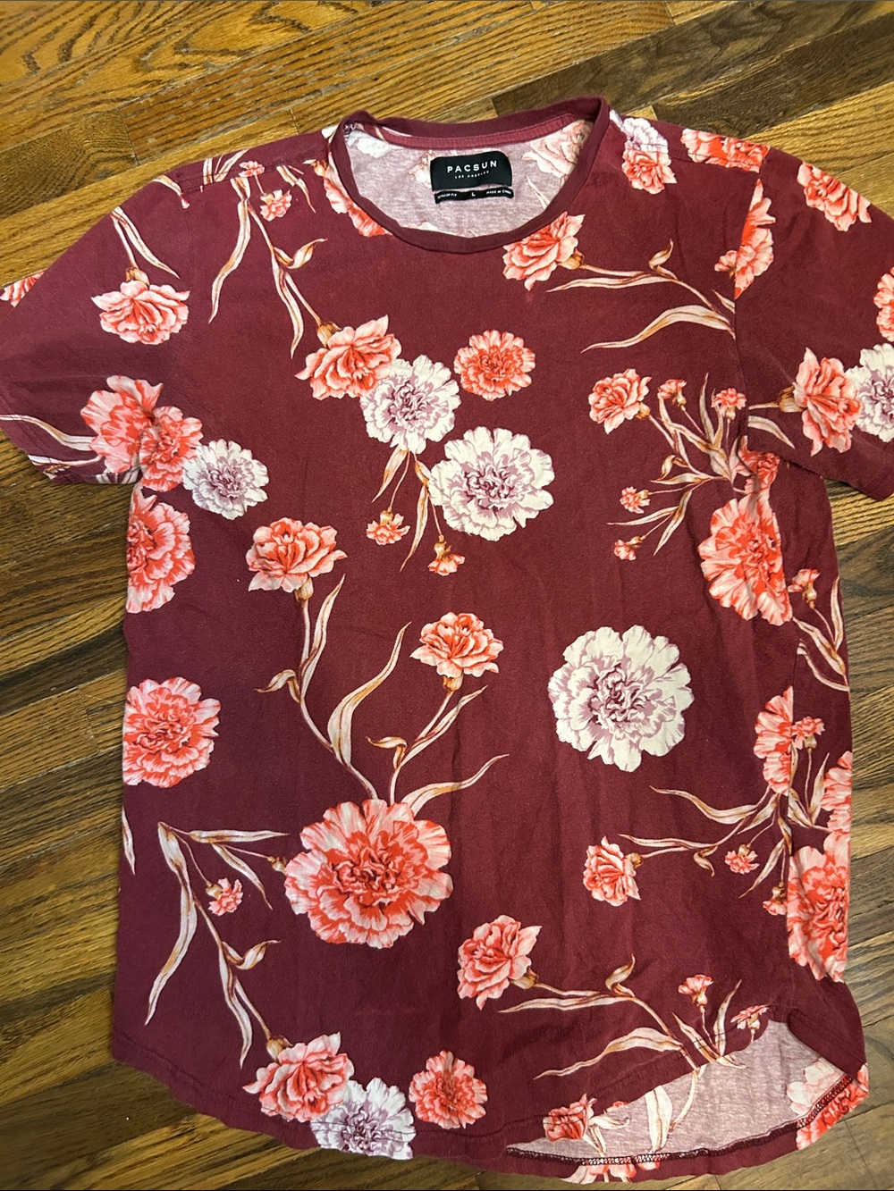 PacSun Men's Burgundy Floral Short Sleeve Tee with Pink and Cream Flowers
